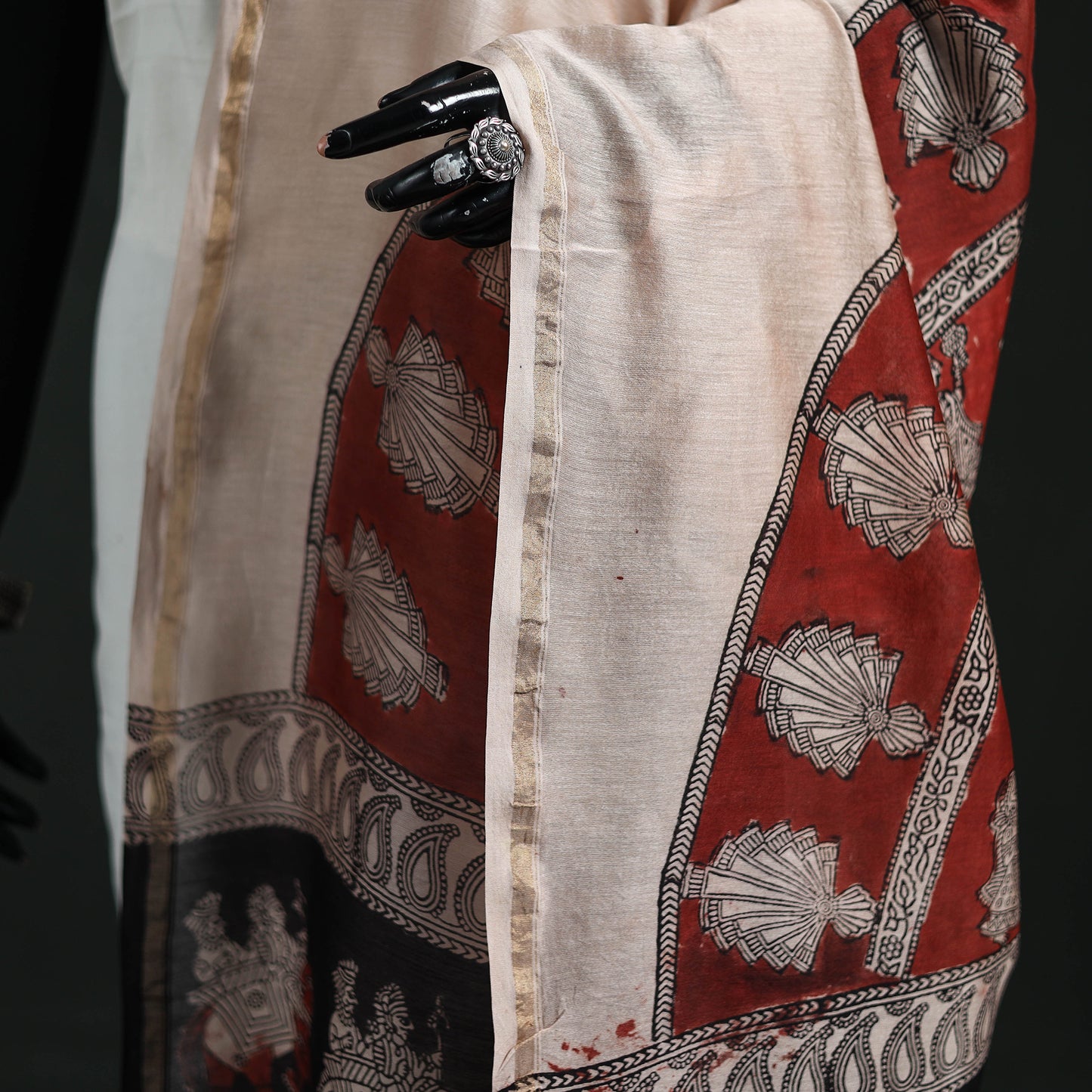 Multicolor - Mata Ni Pachedi Handpainted Natural Dyed Chanderi Silk Handloom Dupatta 14