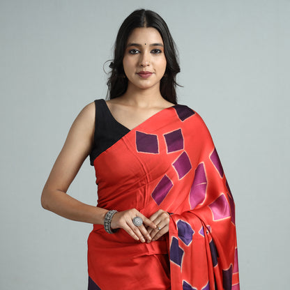 Red - Shibori Clamp Dyed Modal Silk Saree with Zari Border 03