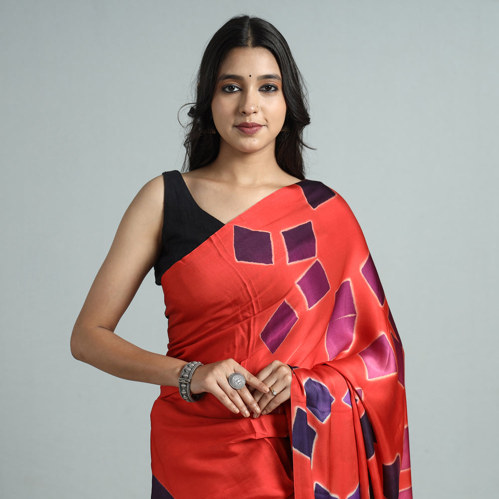 Red - Shibori Clamp Dyed Modal Silk Saree with Zari Border 03