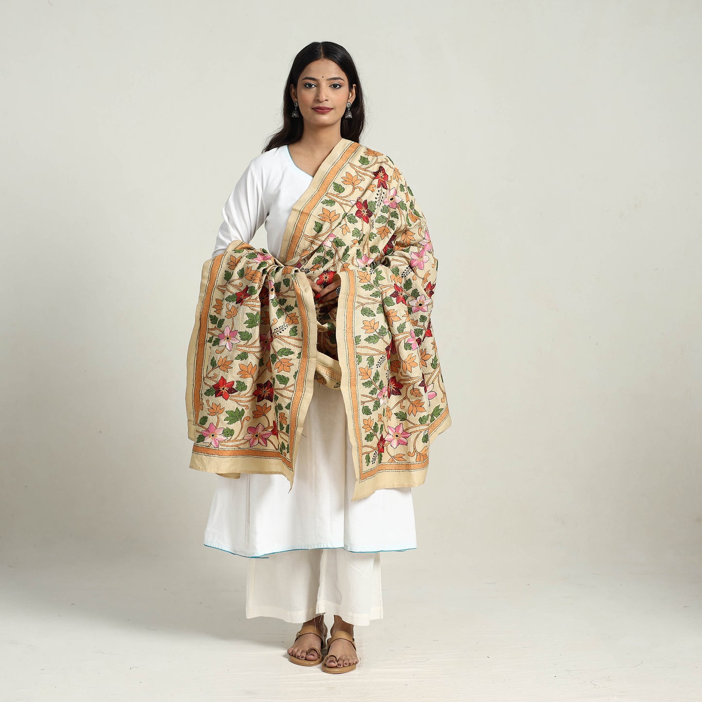 Multicolor - Pure Silk Bengal Kantha Embroidery Dupatta 19