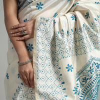 White - Handcrafted Bengal Nakshi Kantha Work Silk Saree 03