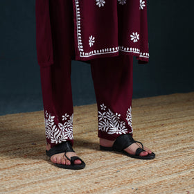 Maroon - Hand Embroidered Rayon Chikankari Kurta with Pant Set for Women 09