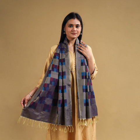 Multicolor - Handloom Mulberry Silk Pochampally Ikat Stole 11