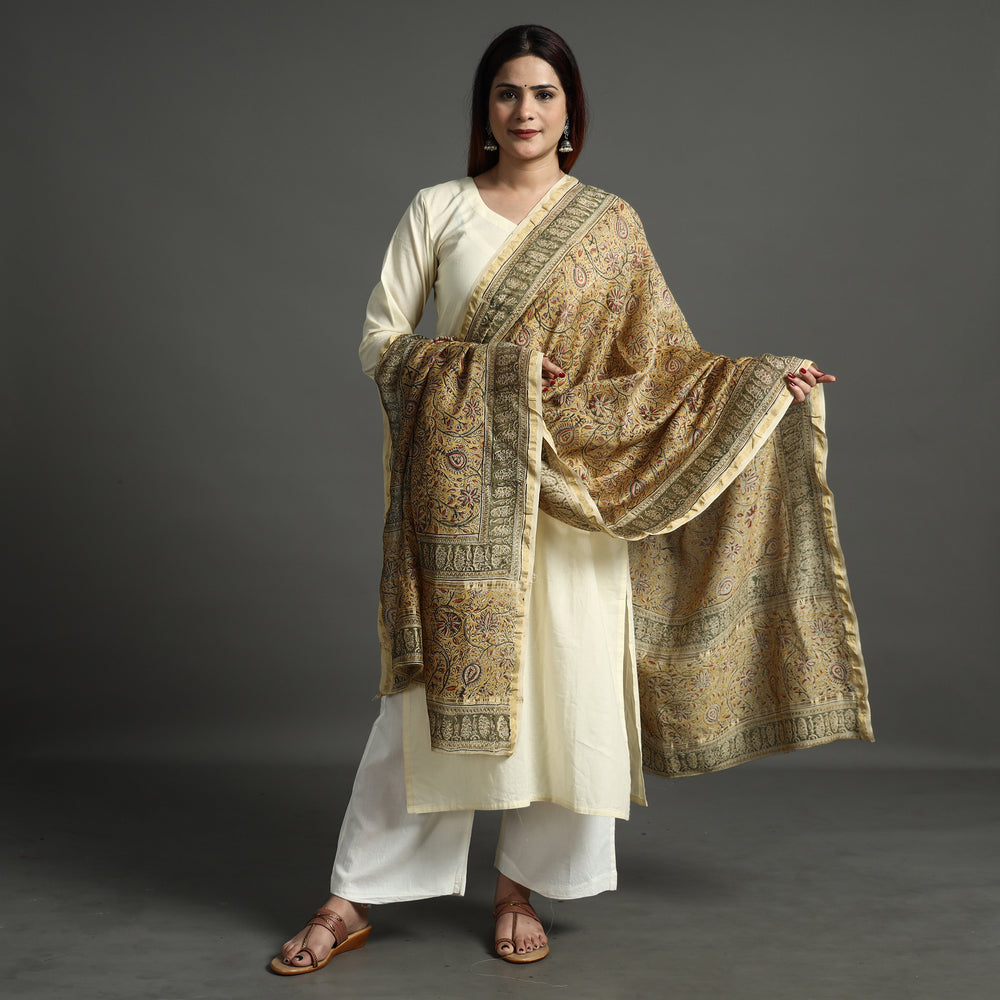 Yellow - Pedana Kalamkari Block Printed Chanderi Silk Handloom Dupatta with Zari Border 79