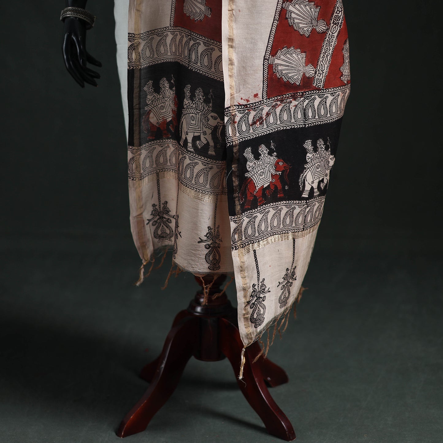 Multicolor - Mata Ni Pachedi Handpainted Natural Dyed Chanderi Silk Handloom Dupatta 14