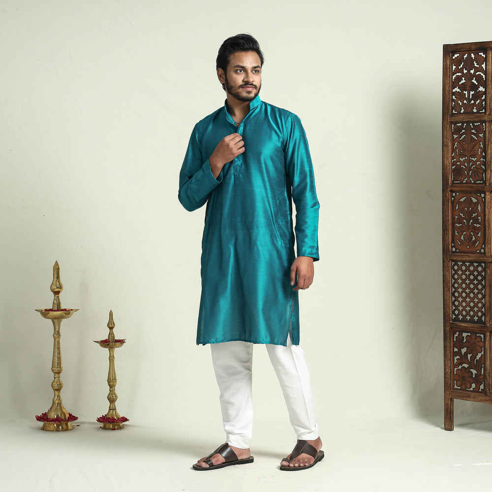 Blue - Plain Dyed Slub Silk Men Long Kurta