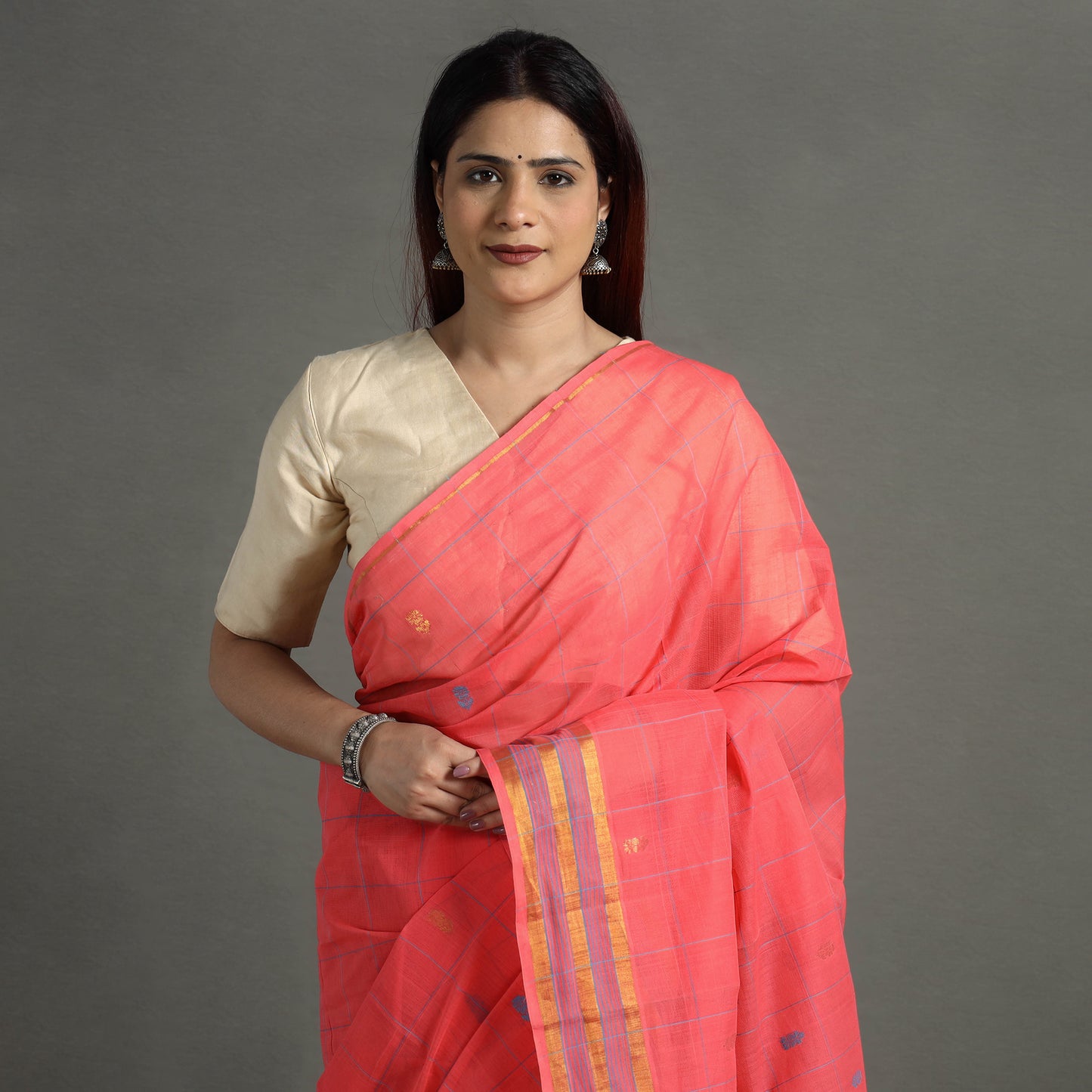 Pink - Traditional Venkatagiri Handloom Cotton Checks Saree with Thread & Zari Buti 21