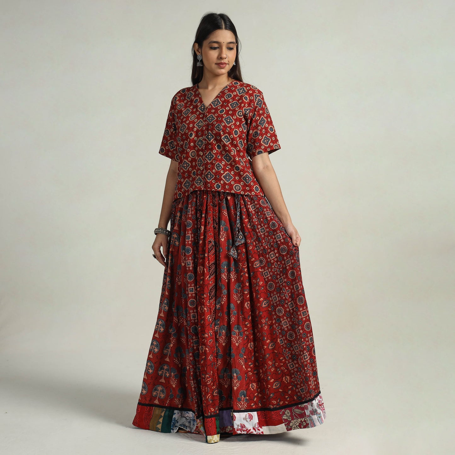 Multicolor - Kutch Block Printed 24 Kali Cotton Long Skirt 16