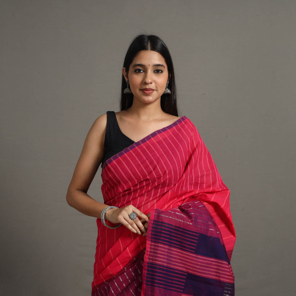 Pink - Zari Stripes Turned Weft Bars Cotton Handloom Saree 65