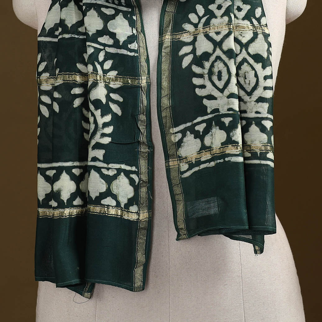 Green - Pipad Hand Block Print Natural Dyed Chanderi Silk Handloom Stole 63