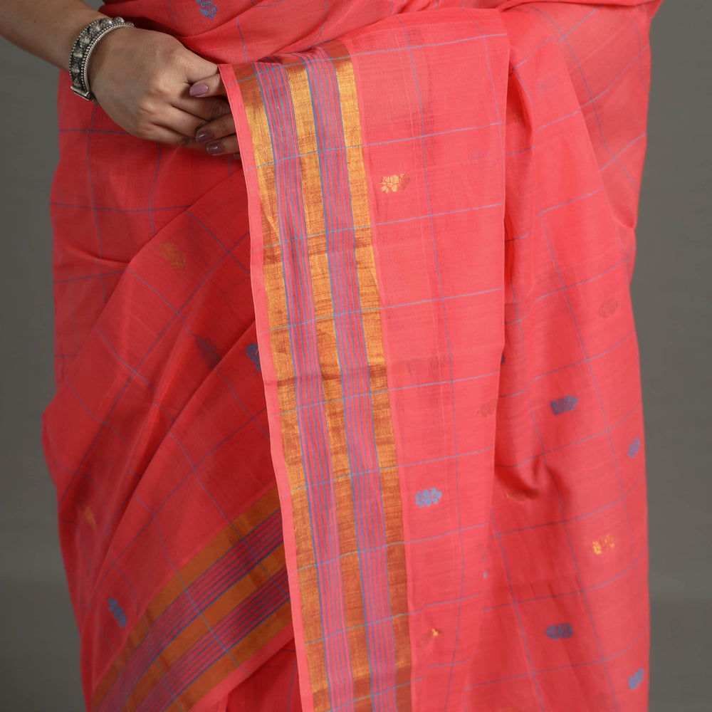 Pink - Traditional Venkatagiri Handloom Cotton Checks Saree with Thread & Zari Buti 21