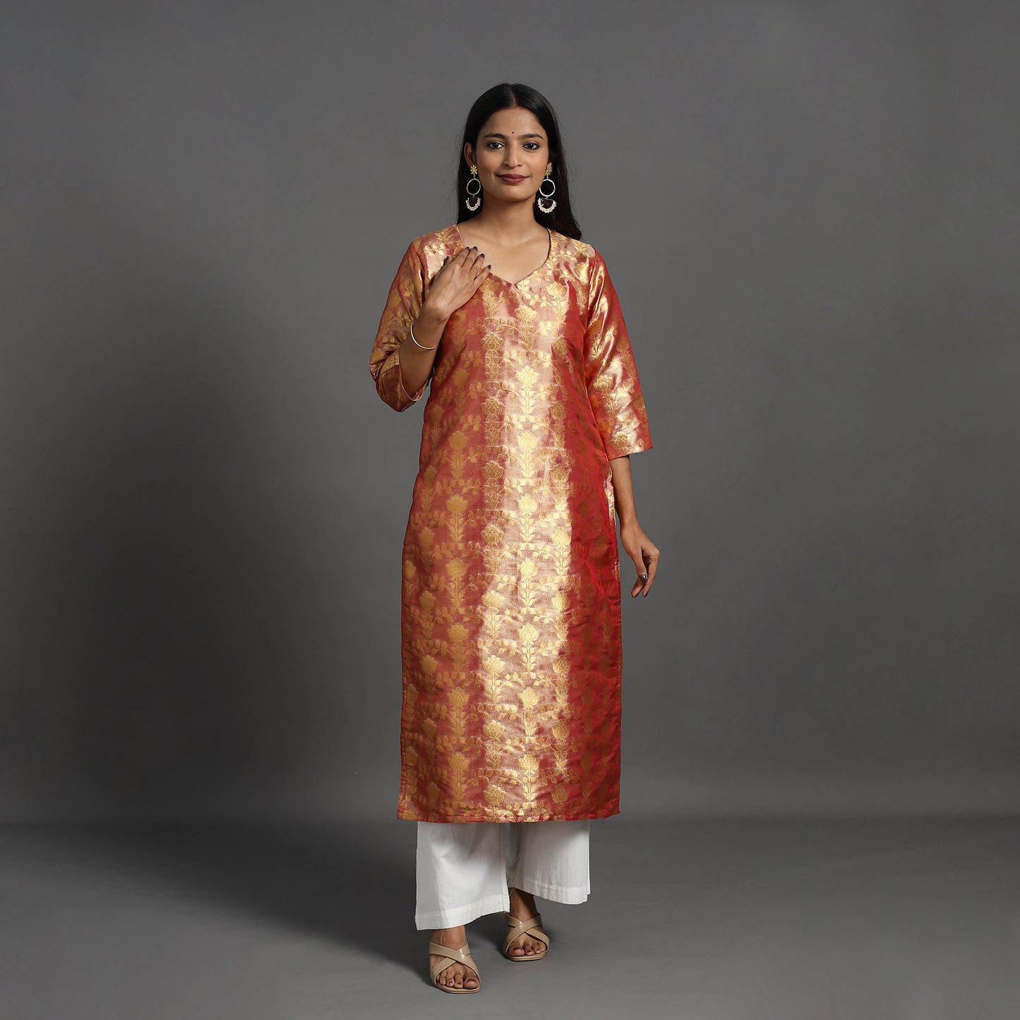 Red - Cutwork Tissue Zari Jaal Banarasi Silk Kurta 03