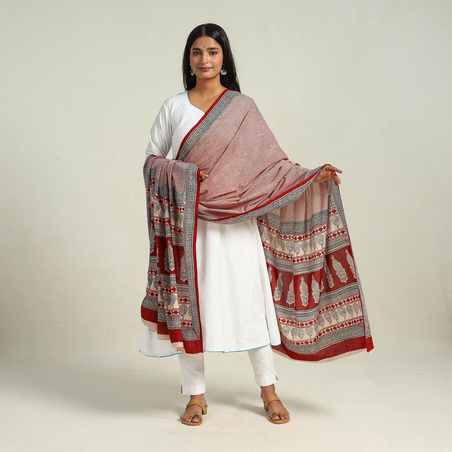 Maroon - Hand Block Print Cotton Bagh Dupatta 14