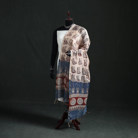 Beige - Mata Ni Pachedi Handpainted Natural Dyed Chanderi Silk Handloom Dupatta 15