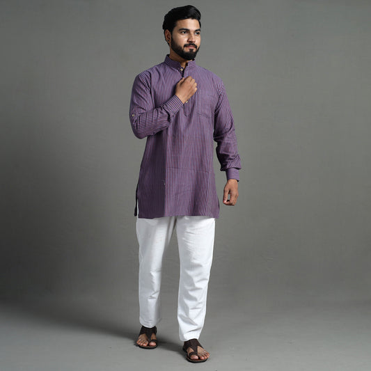 Light Purple - Handloom Cotton Stripe Men Short Kurta