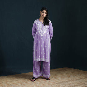 Purple - Hand Embroidered Rayon Chikankari Kurta with Palazzo Set for Women 10