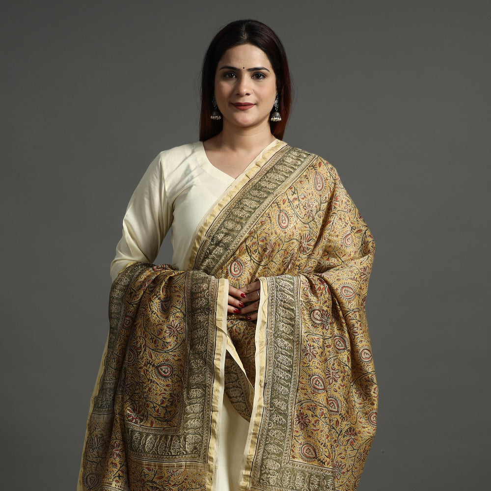 Yellow - Pedana Kalamkari Block Printed Chanderi Silk Handloom Dupatta with Zari Border 79