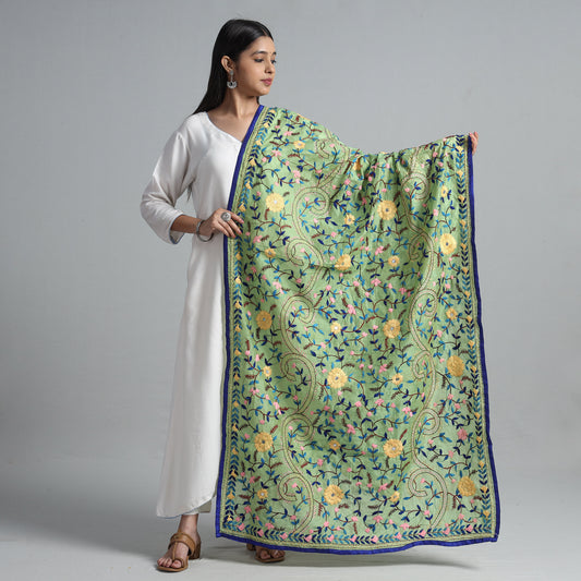Green - Ranihati Chanderi Silk Chapa Work Phulkari Embroidered Dupatta 25