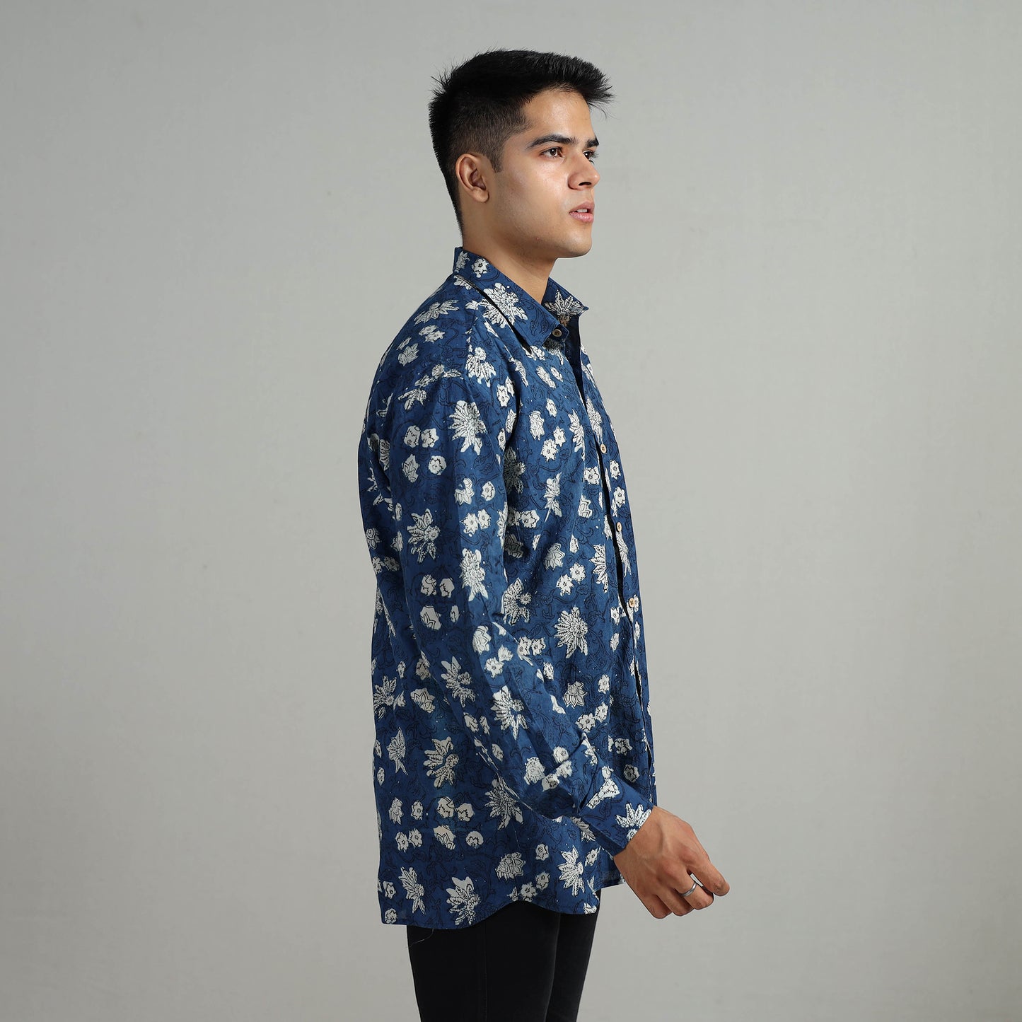 Blue - Indigo Block Printed Cotton Men Full Sleeve Shirt 14