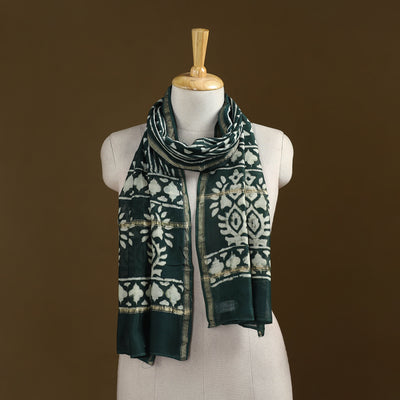Green - Pipad Hand Block Print Natural Dyed Chanderi Silk Handloom Stole 63