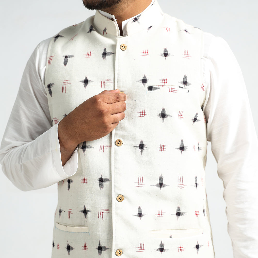 White - Pochampally Double Ikat Handloom Cotton Men Nehru Jacket