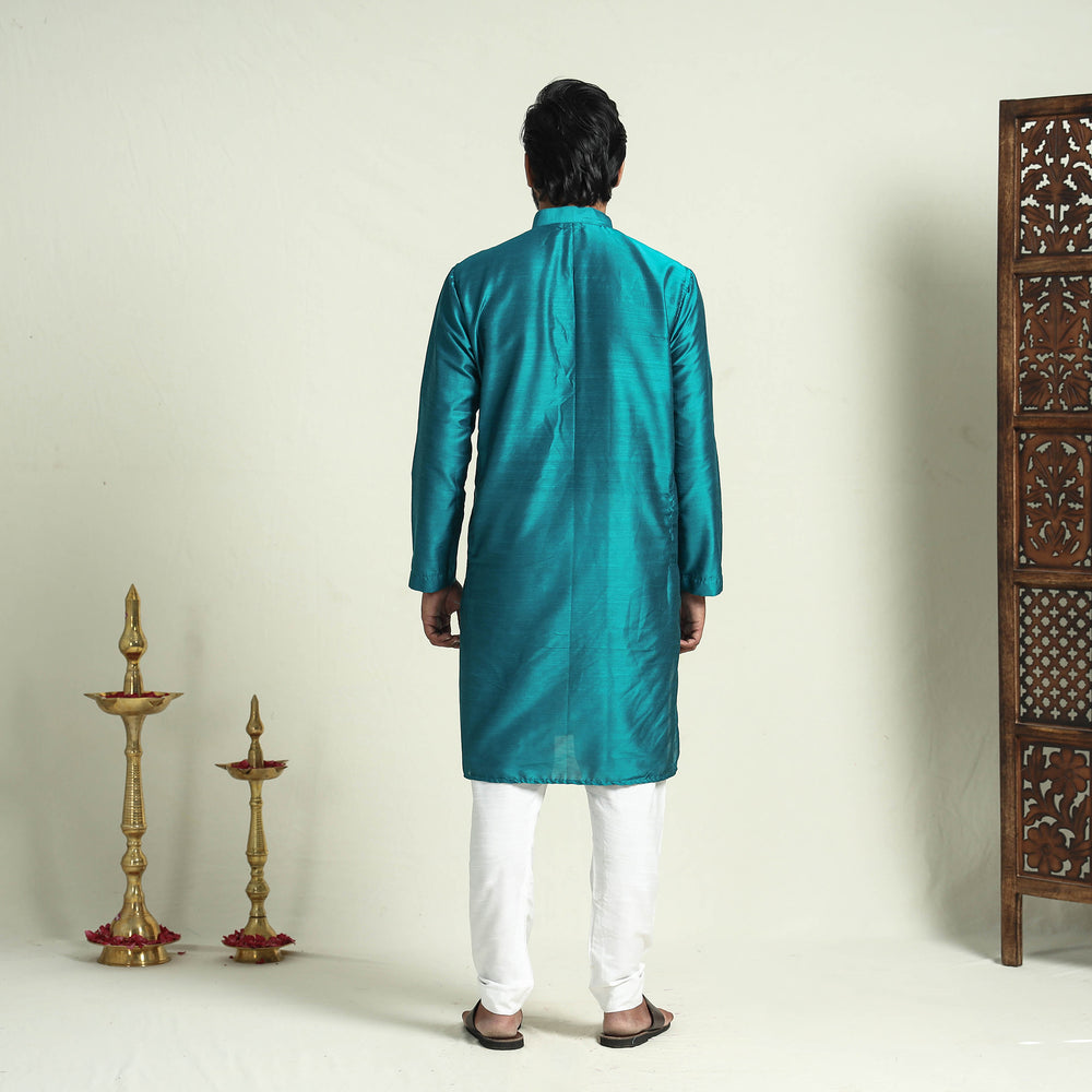 Blue - Plain Dyed Slub Silk Men Long Kurta