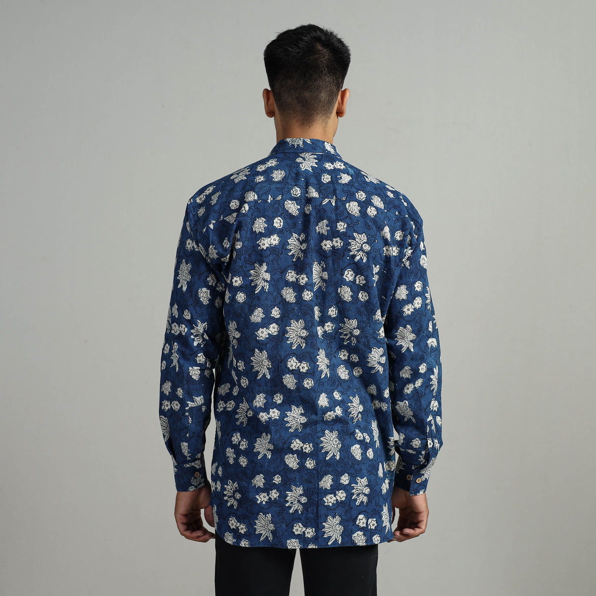 Blue - Indigo Block Printed Cotton Men Full Sleeve Shirt 14