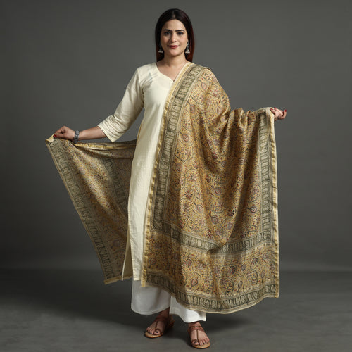 Yellow - Pedana Kalamkari Block Printed Chanderi Silk Handloom Dupatta with Zari Border 79