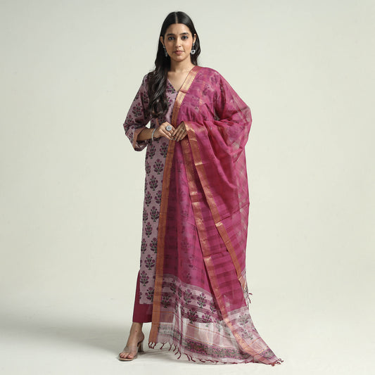 Pink - - Mangalagiri Block Printed Handloom Cotton Kurta with Palazzo & Dupatta Set