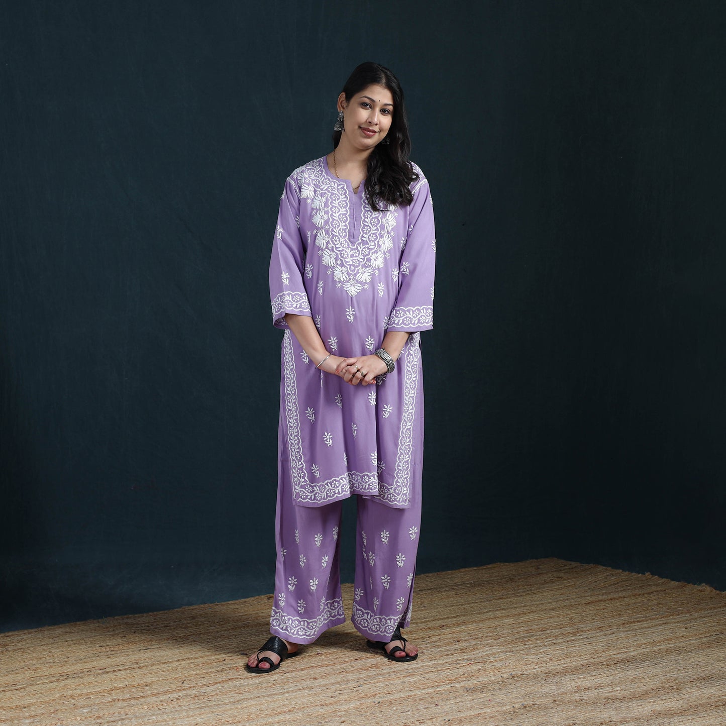 Purple - Hand Embroidered Rayon Chikankari Kurta with Palazzo Set for Women 10