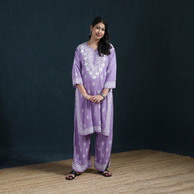 Purple - Hand Embroidered Rayon Chikankari Kurta with Palazzo Set for Women 10
