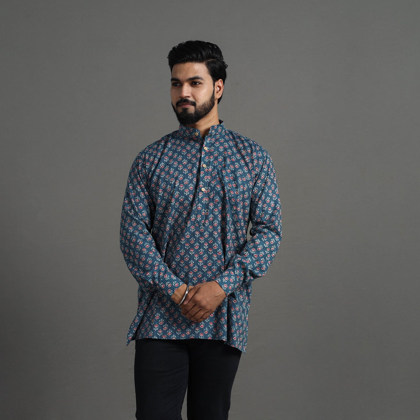 Kantha Stitch Cotton Short Sanganeri Kurta for Men 13