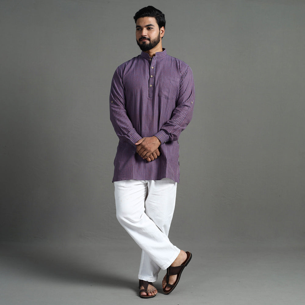 Light Purple - Handloom Cotton Stripe Men Short Kurta