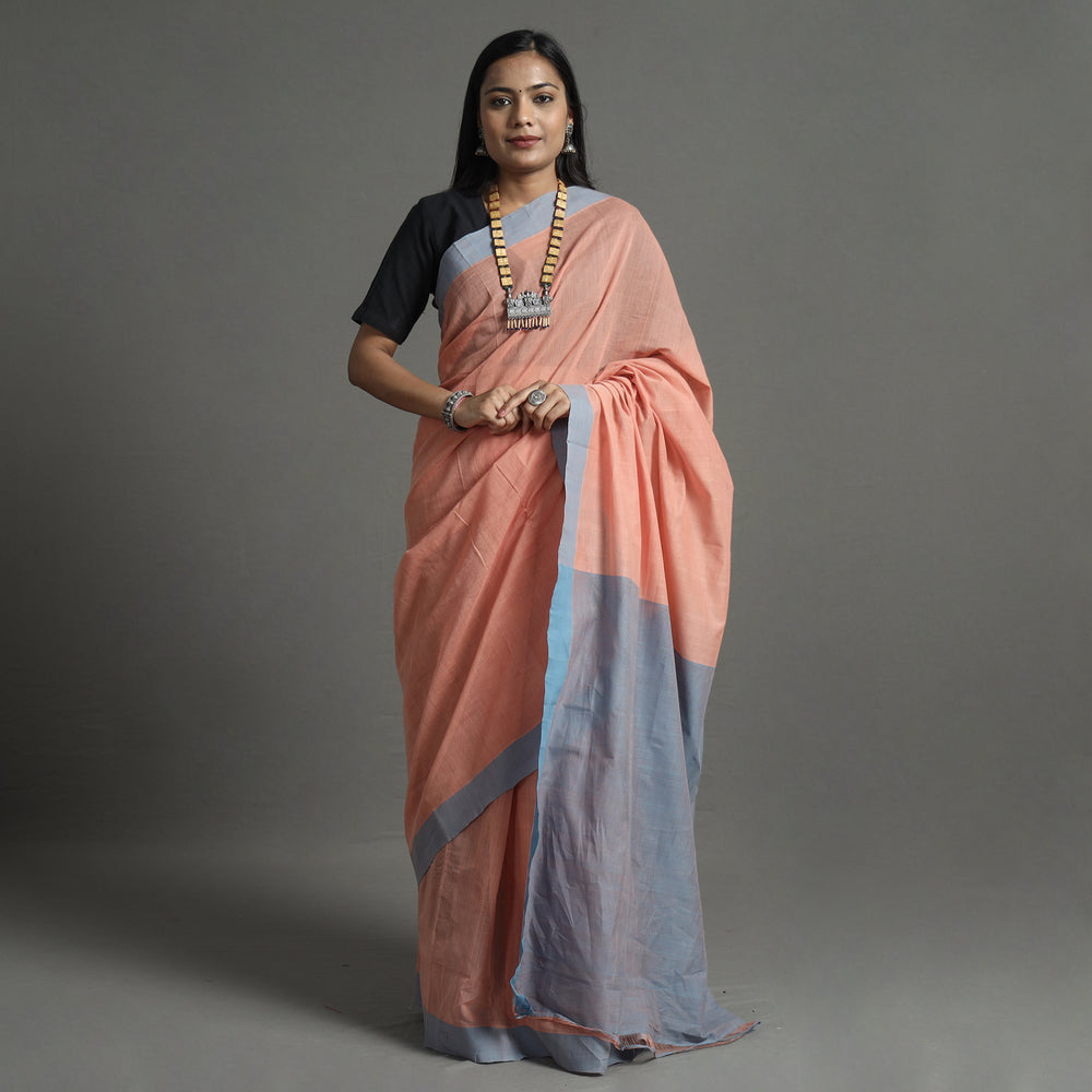 Peach - Pure Handloom Natural Dyed Missing Plain Cotton Saree 15