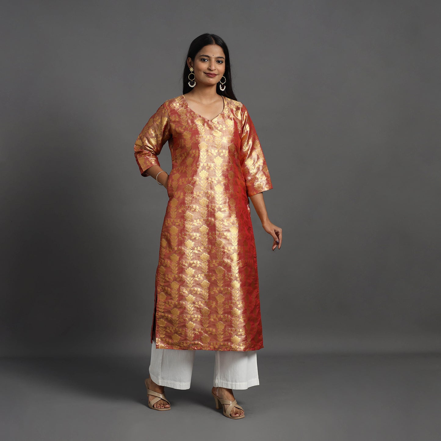 Red - Cutwork Tissue Zari Jaal Banarasi Silk Kurta 03