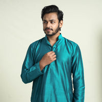 Blue - Plain Dyed Slub Silk Men Long Kurta