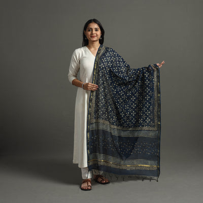 Blue - Block Printed Chanderi Silk Bagru Dupatta 86