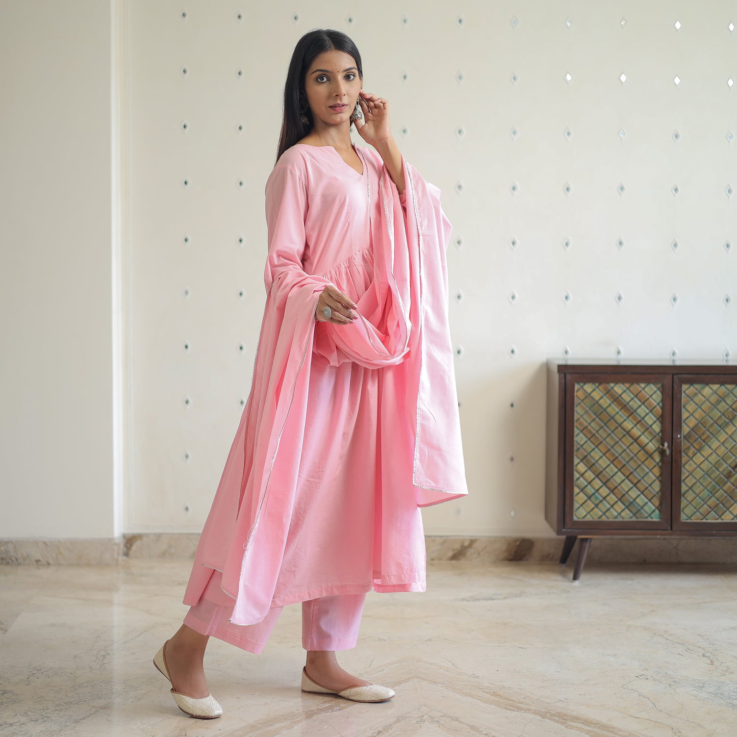 Rosie Pink Cotton Flared Kurta with Palazzo & Dupatta Set