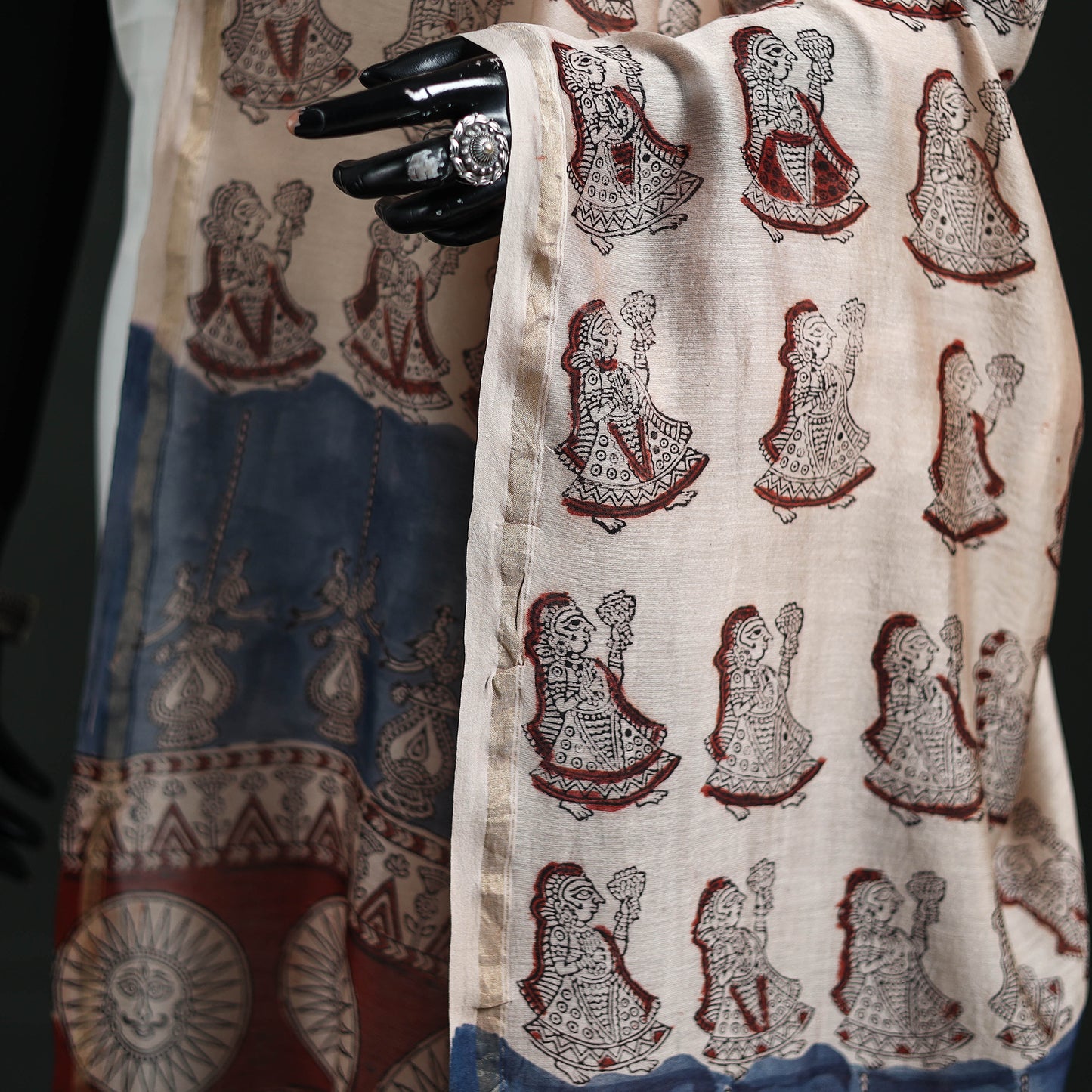Beige - Mata Ni Pachedi Handpainted Natural Dyed Chanderi Silk Handloom Dupatta 15