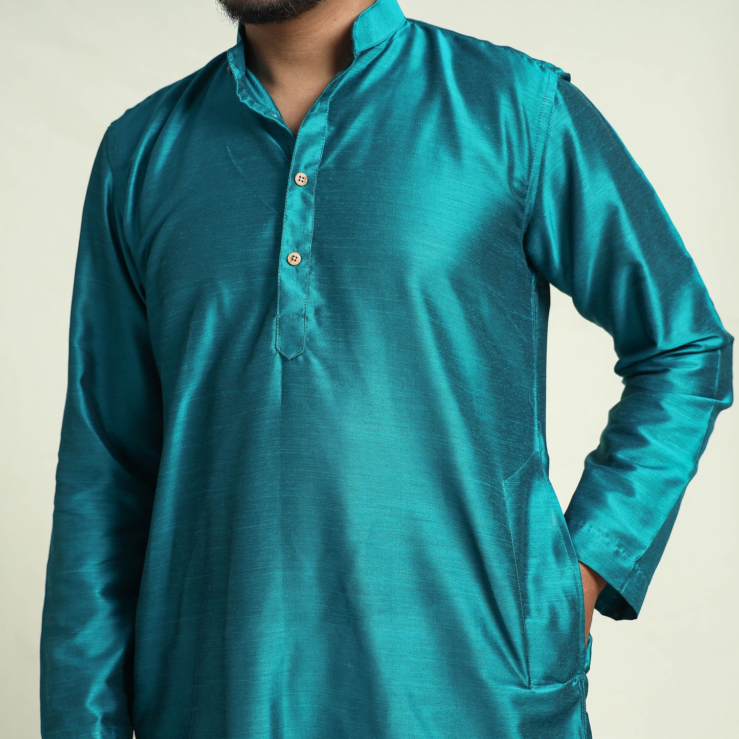 Blue - Plain Dyed Slub Silk Men Long Kurta