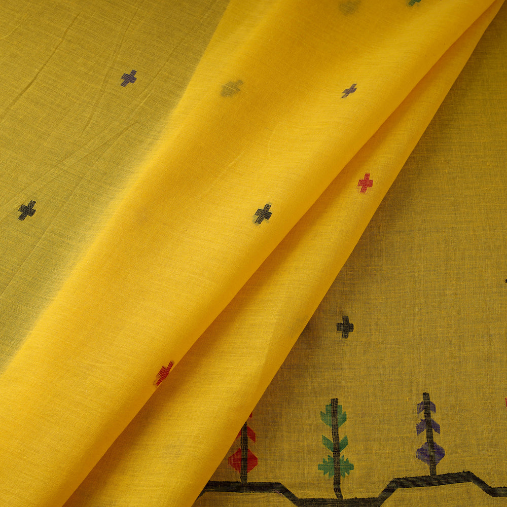 Yellow - Pure Handloom Cotton Bengal Jamdani Fabric 10