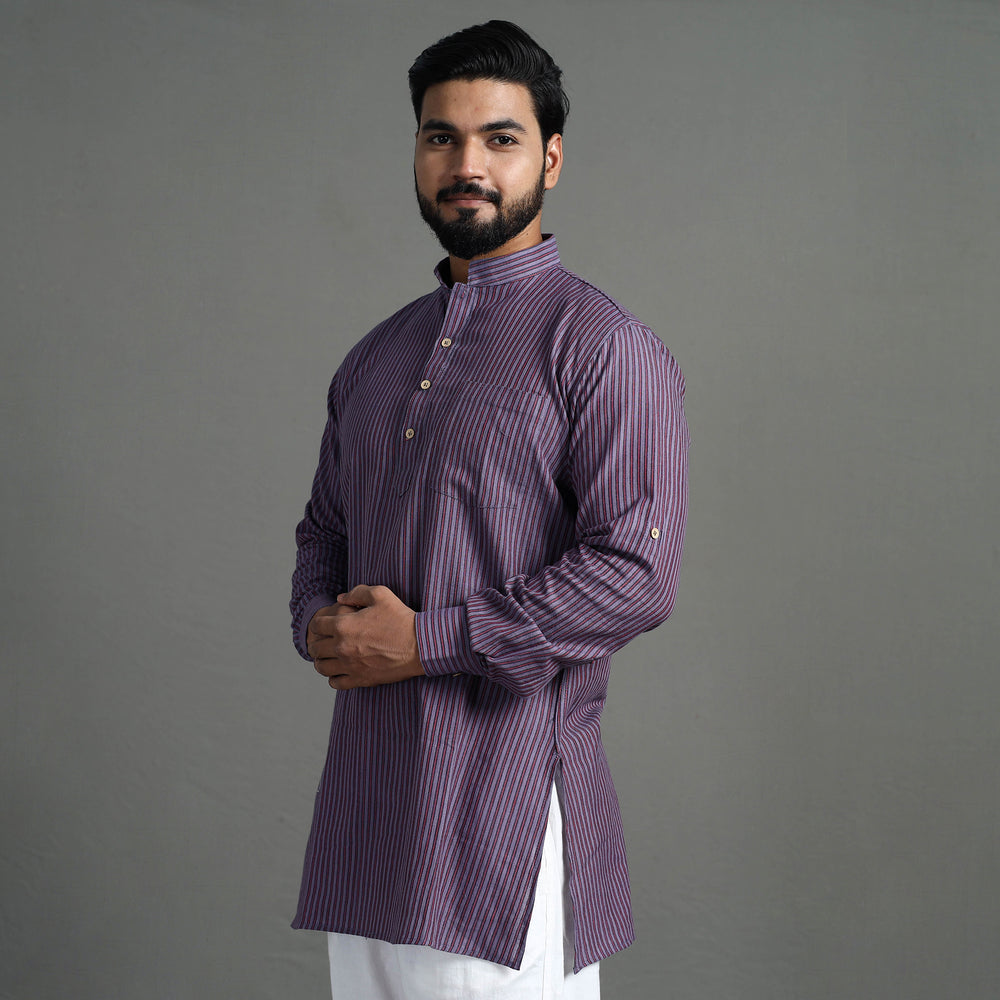 Light Purple - Handloom Cotton Stripe Men Short Kurta