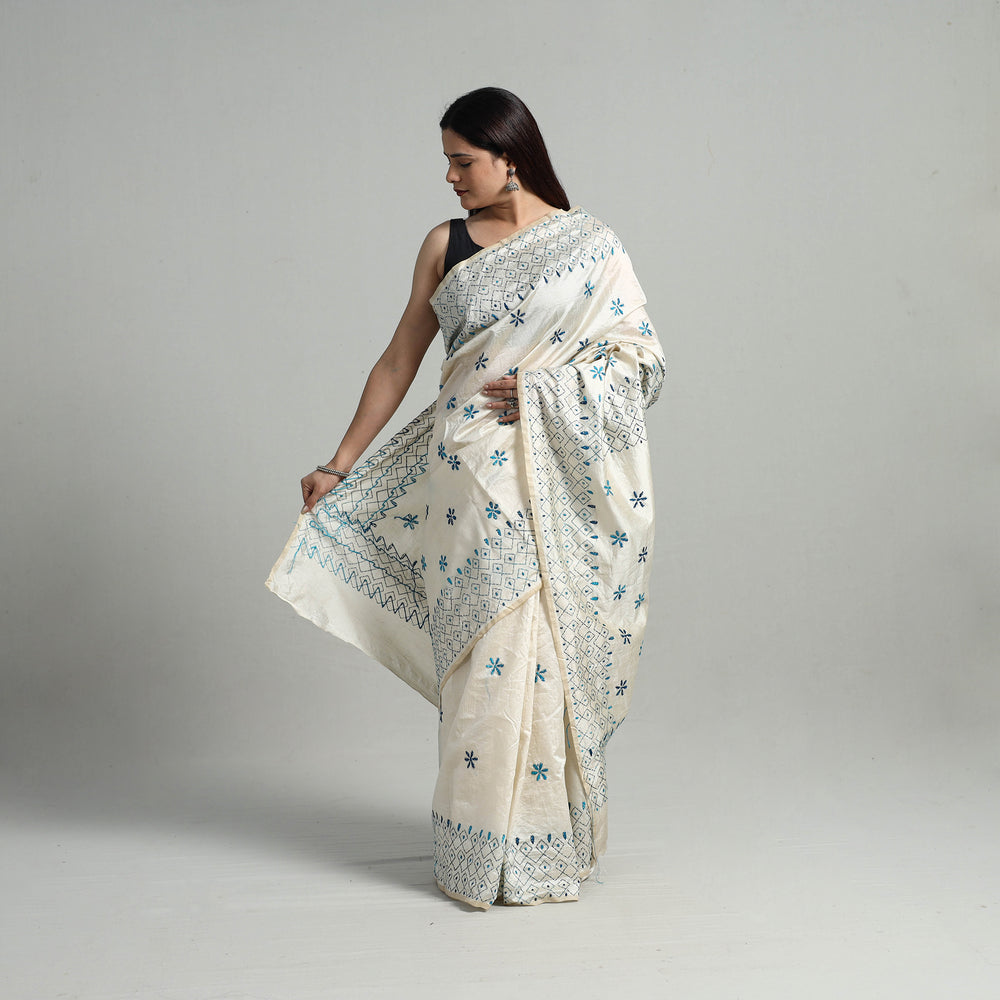 White - Handcrafted Bengal Nakshi Kantha Work Silk Saree 07