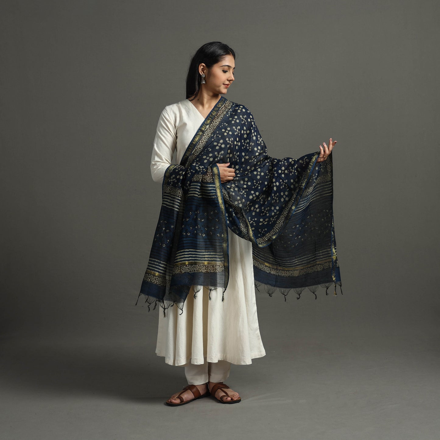 Blue - Block Printed Chanderi Silk Bagru Dupatta 86