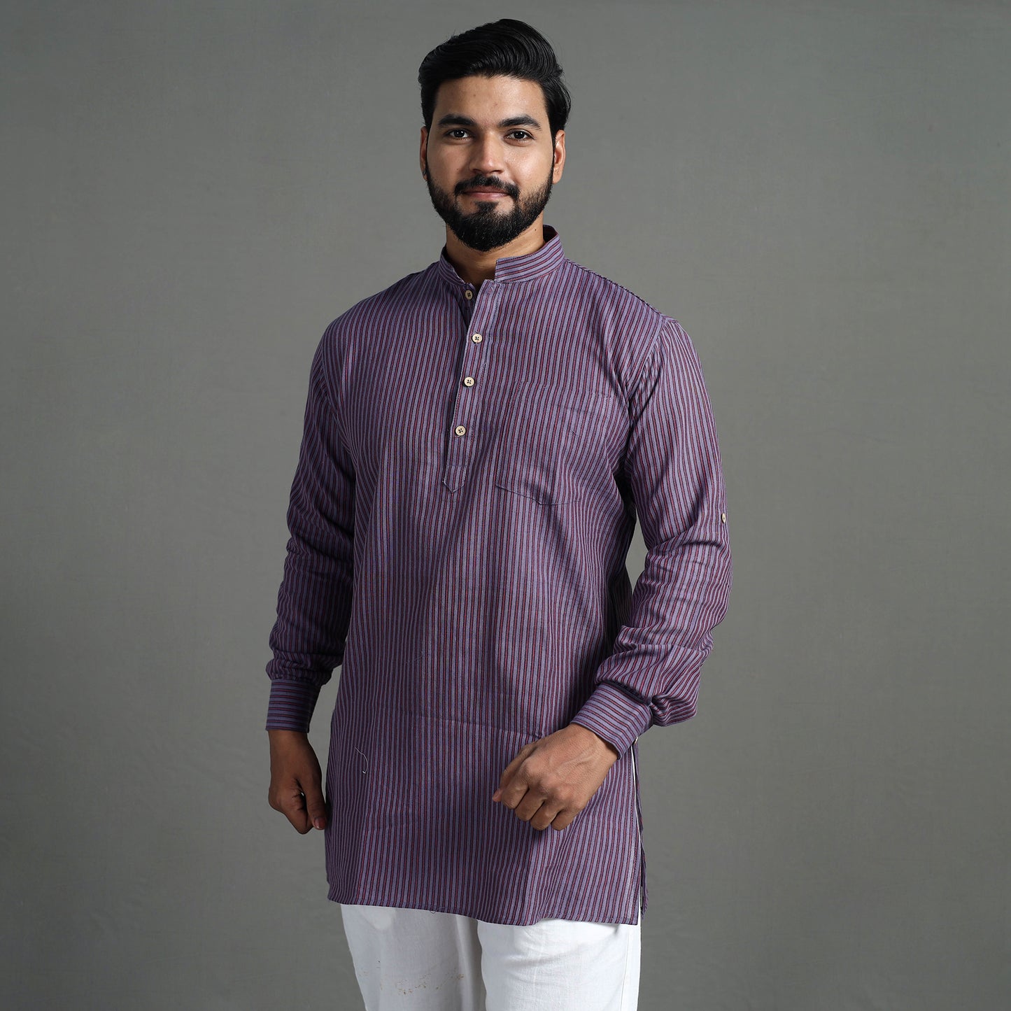 Light Purple - Handloom Cotton Stripe Men Short Kurta