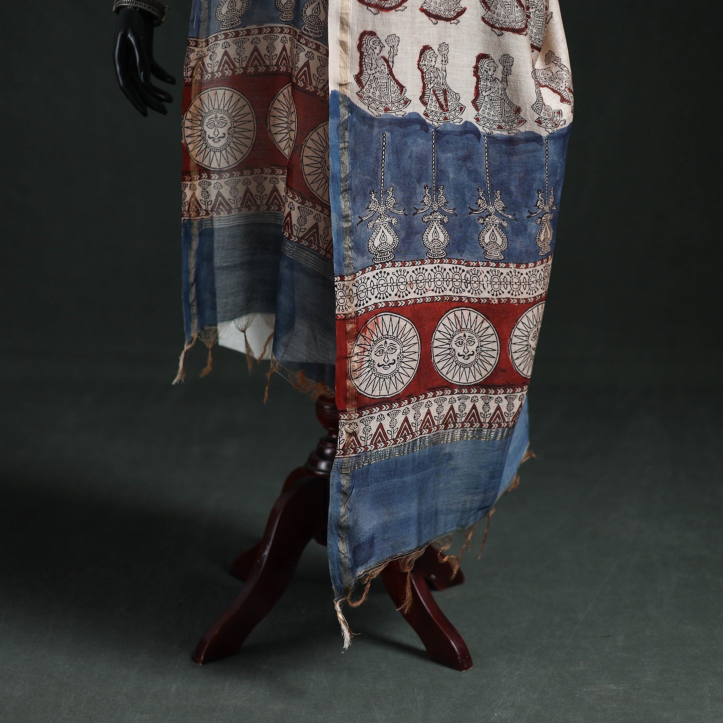 Beige - Mata Ni Pachedi Handpainted Natural Dyed Chanderi Silk Handloom Dupatta 15