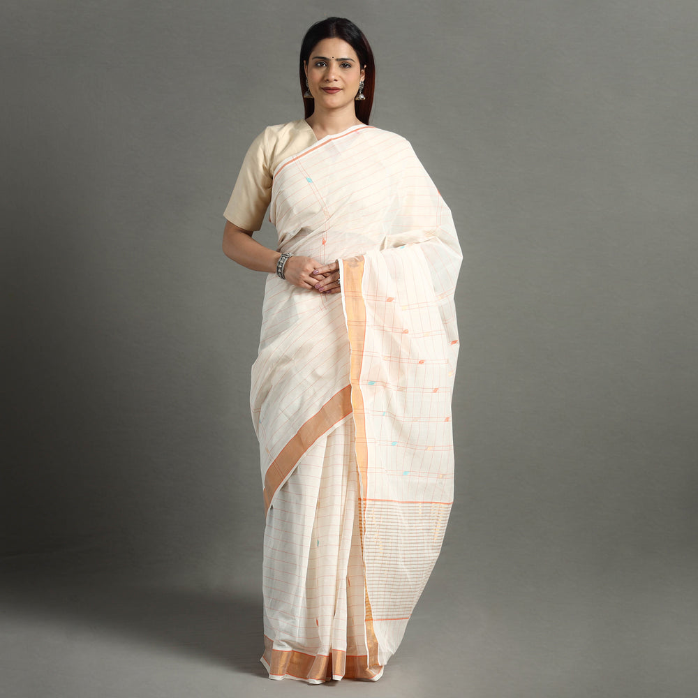 White - Traditional Venkatagiri Handloom Cotton Checks Saree with Thread & Zari Buti 22