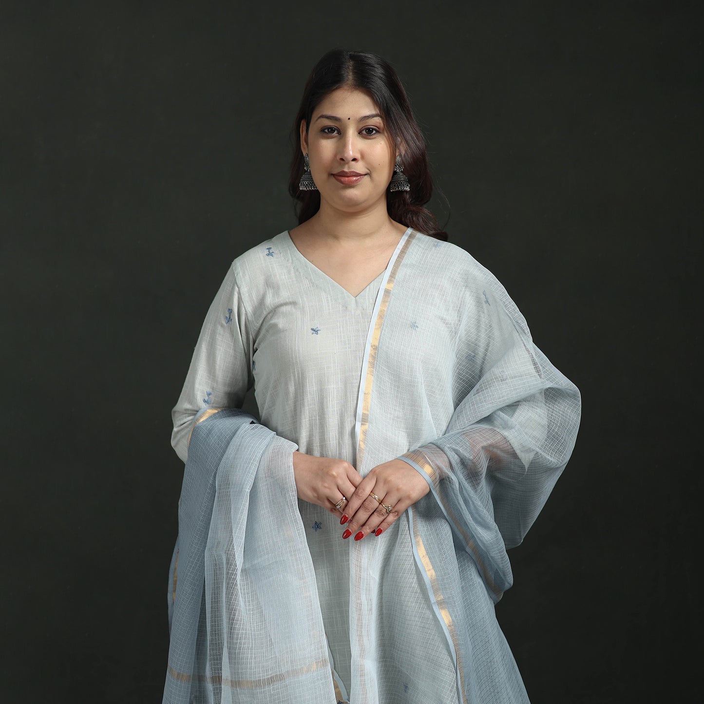 Plain Slub Cotton Hand Embroidered Suit Set with Dupatta for women 10