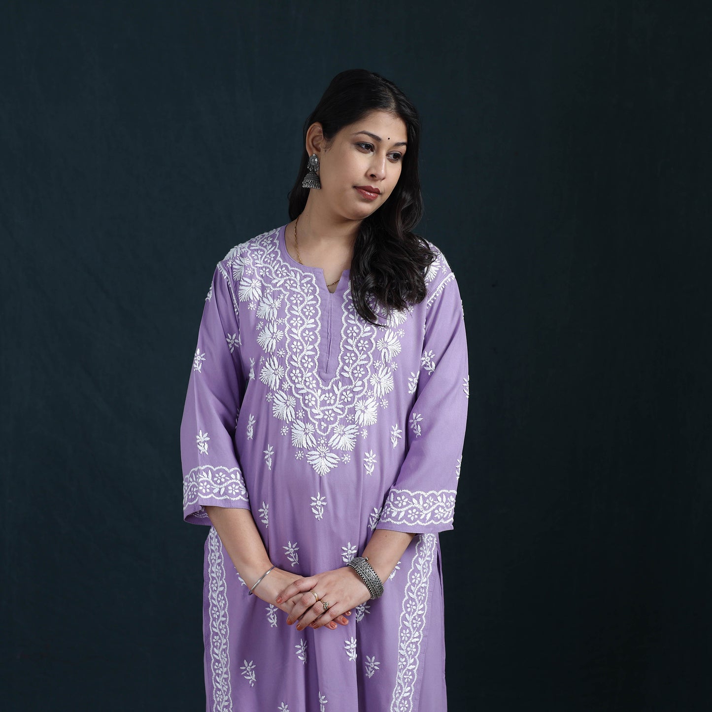 Purple - Hand Embroidered Rayon Chikankari Kurta with Palazzo Set for Women 10