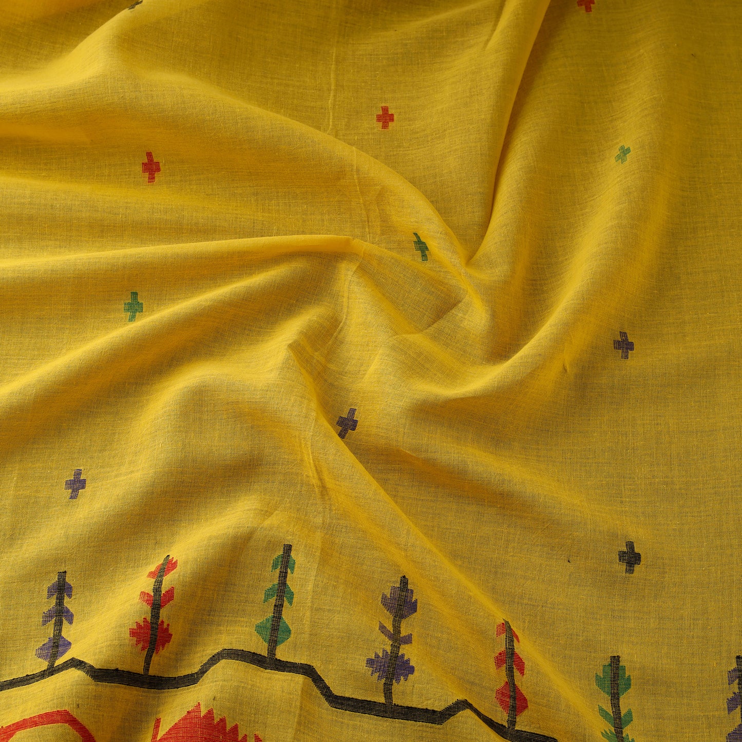 Yellow - Pure Handloom Cotton Bengal Jamdani Fabric 10